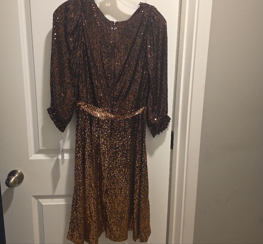 DKNY Two-Tone Bronze Sequin Wrap Midi Dress - Picture 14 of 16